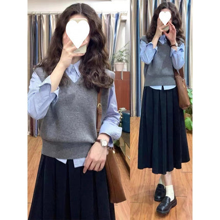 Early Autumn Korean-style Loose Striped Long-sleeved Shirt Lazy Pullover Sleeveless Knitted Sweater Vest Two-piece Set
