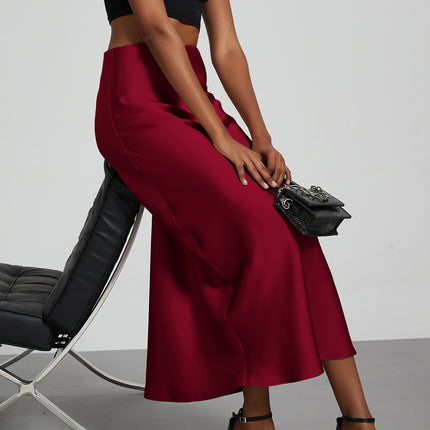 Cross-border women's clothing wholesale European and American style fashion temperament satin texture skirt solid color glossy wine red medium skirt