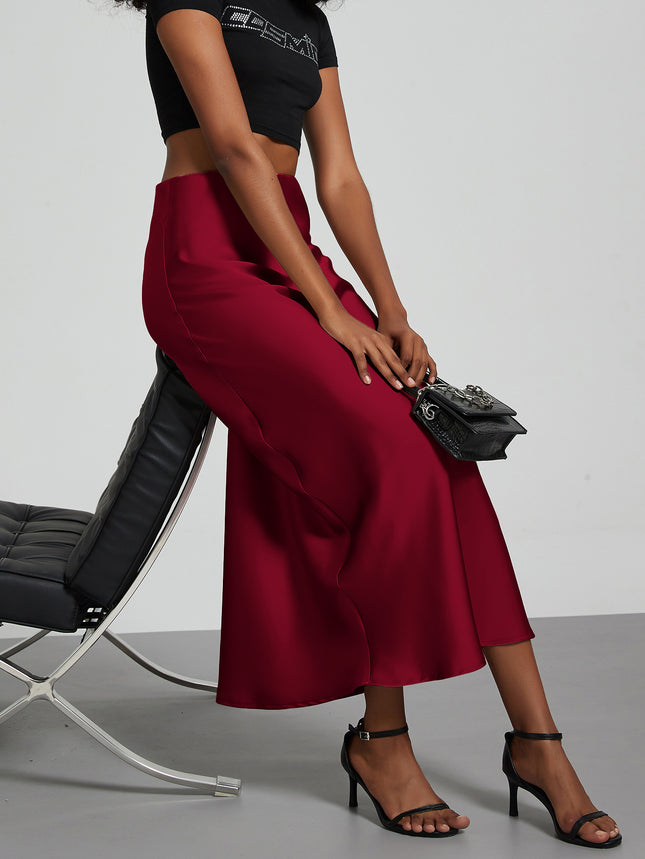 Cross-border women's clothing wholesale European and American style fashion temperament satin texture skirt solid color glossy wine red medium skirt