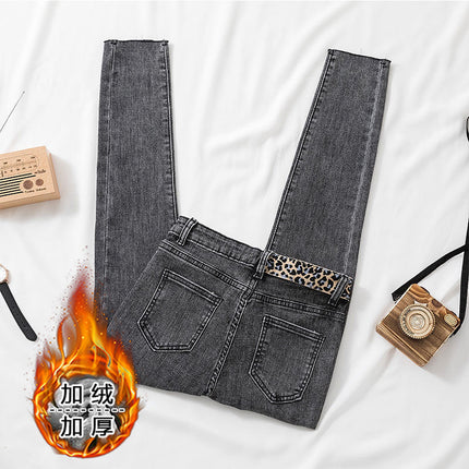 Leopard-print Thickened High-waist Jeans Women's Fleece-lined Autumn and Winter Warm Stretch Pencil Pants Slim-fit Fur-edged Cropped Pencil Pants