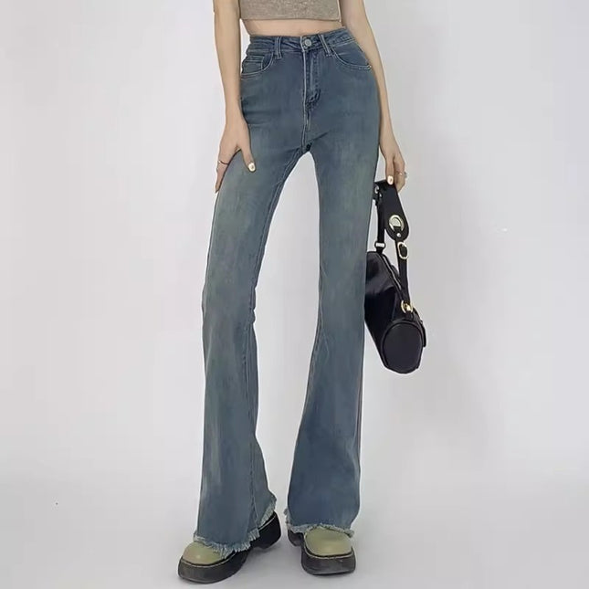 Vintage High Waist Slim Look Jeans Women's Trendy All-match New Autumn Slim-fit Hip Lace Micro Horn Long Pants