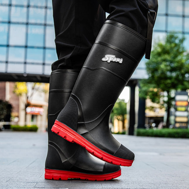 British Mid-High Boots, Rain Boots, Rain Boots, Contrasting Black and Red Fishing Boots, Car Wash Cleaning Wading Shoes, Work Shoes, Men's Water Boots