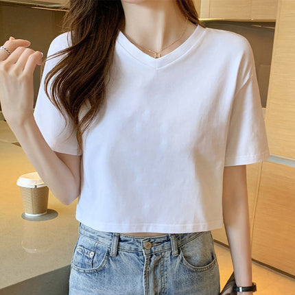 White Short T-Shirt Women's Short-Sleeved V Neck Loose Crop Top Summer New Half-Sleeved Pure Cotton Women's T-Shirt Clothes