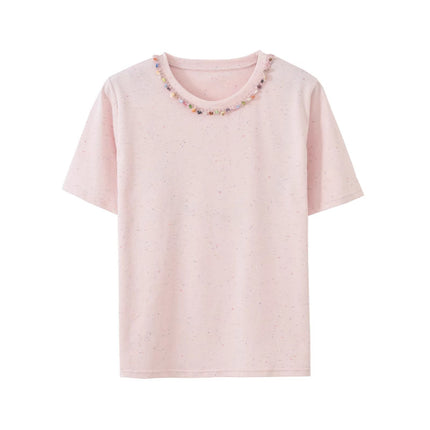 Summer New Style Solona Short-Sleeved Women's Top with Beaded Design, Fashionable and Stylish Casual Outerwear Commuting T-Shirt