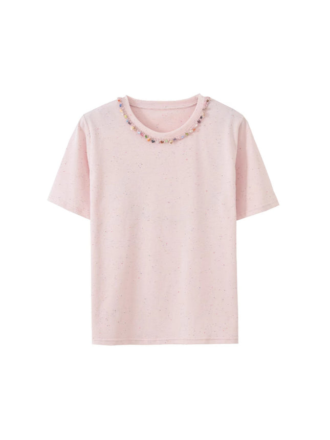 Summer New Style Solona Short-Sleeved Women's Top with Beaded Design, Fashionable and Stylish Casual Outerwear Commuting T-Shirt