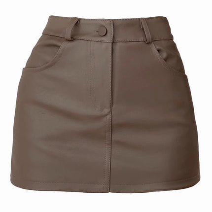 brown pu leather skirt hip skirt women's 2023 autumn and winter new high waist A figure slim hot girl miniskirt