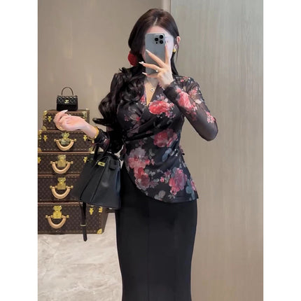 Korean Style Asymmetrical Cross-Waist V Neck Floral Shirt for Women Spring and Autum New Slim Slim Short Top Ins