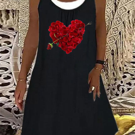 In-Stock 2025 European and American Style Aliexpress Wish Independent Site Fashion Casual Heart Print Faux Two-Piece Sleeveless Dress