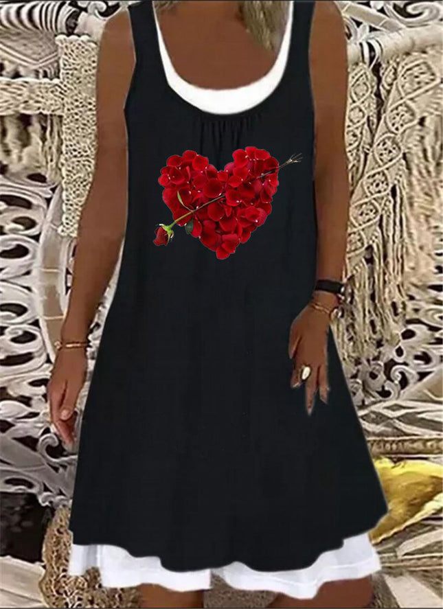 In-Stock 2025 European and American Style Aliexpress Wish Independent Site Fashion Casual Heart Print Faux Two-Piece Sleeveless Dress