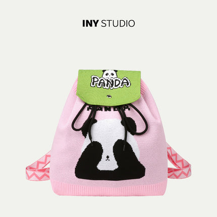 Grandpa Panda Cartoon Knitted Bag Women's Handbag Spring and Summer Popular Large Capacity Shoulder Drawstring Bag Versatile Backpack