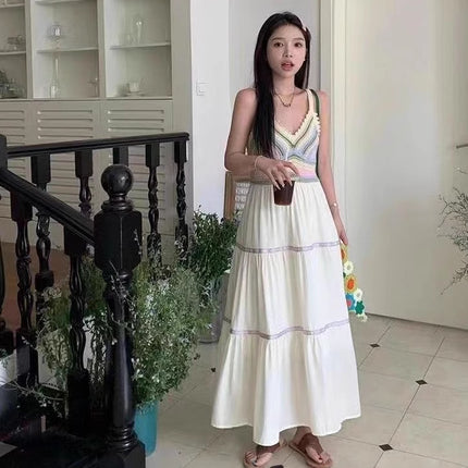Summer women's national style sling hollow stitching dress new style sling skirt holiday style