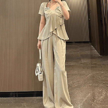 Giant Skinny Pear-Shaped Figure suit plus size Summer chubby girl suit Short-Sleeved Shirt Pants Two-Piece Set for Women