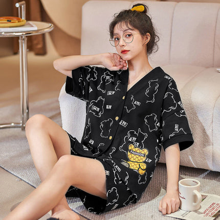 High-end Pajamas Women's Summer Short-sleeved Kimono Cardigan Large Size Student Cartoon Bear Outwear Women's Home Clothes