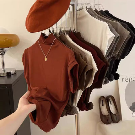 Temperament Shell Collar Sleeveless T-Shirt for Women Early Autumn Slimming Look Suit with Bottoming Shirt Clean Version Half Turtleneck Top