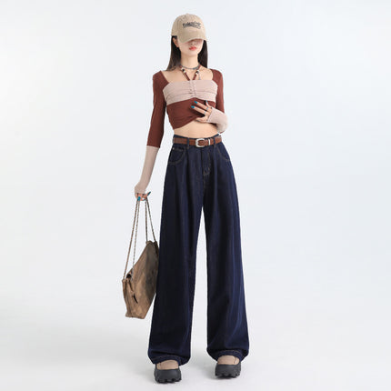Korean Style Pleated Loose Wide Leg Jeans Women's 2024 Autumn New High Waist Drape Slimming All-match Straight Pants