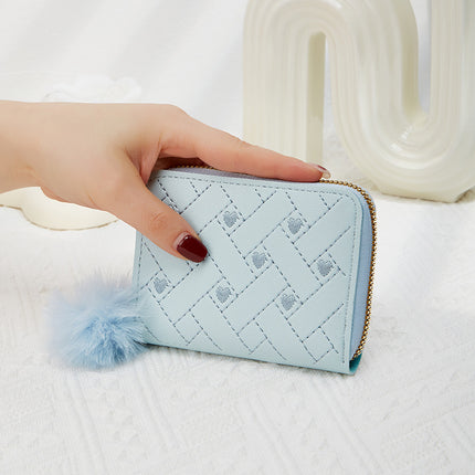 Daifa Korean Style Simple Clutch Bag 2024 Zipper Fur Ball Short Mini Solid Color Love Embroidered Throw Women's Wallet
