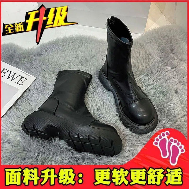 New Products, New Small Leather Boots for Women, Thick-Soled Outer Wear, New Mid-Calf Boots, 2025 Spring & Fall New Round-Toe Back Zipper Short Boots