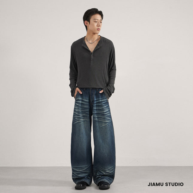 Jiamu Cat Whisker Sickle Pants American Baggy Jeans Unisex Wide-Leg Scimitar Jeans for Men and Women Loose Drape