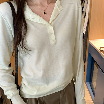 Elegant Slimming Button Design Long Sleeve T-Shirt for Women Early Spring Slim Fit Casual Base Layer Top
