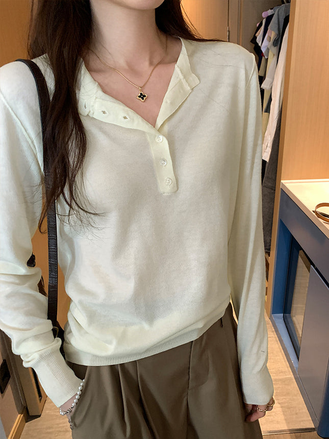 Elegant Slimming Button Design Long Sleeve T-Shirt for Women Early Spring Slim Fit Casual Base Layer Top