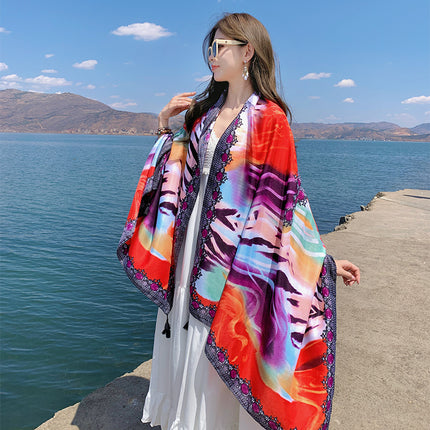 Ethnic Style Scarf, Sun Protection Shawl for Women, Yunnan Qinghai Grassland Travel Wear Silk Scarf, Seaside Beach Towel, Thin Style