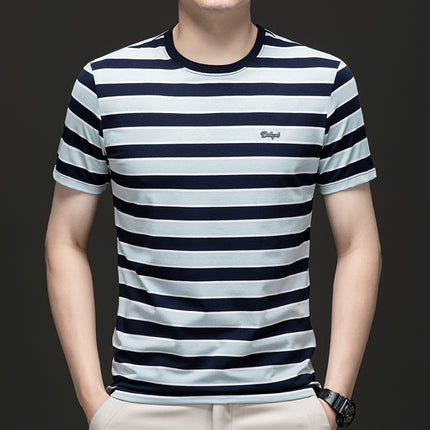 Mingdi Mouse Men's Summer New Business Striped plus size Men's T-shirt Short-sleeved Casual Young and Middle-aged Crewneck T-shirt