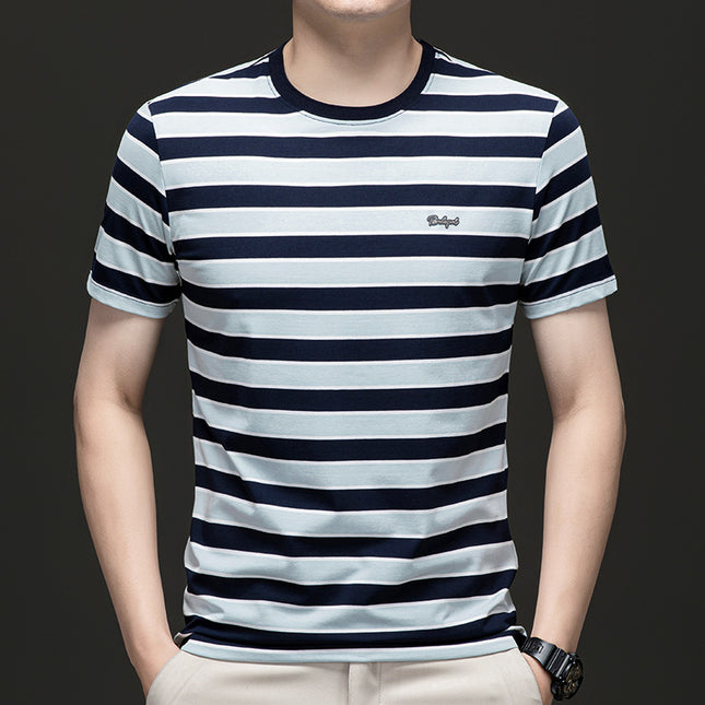 Mingdi Mouse Men's Summer New Business Striped plus size Men's T-shirt Short-sleeved Casual Young and Middle-aged Crewneck T-shirt