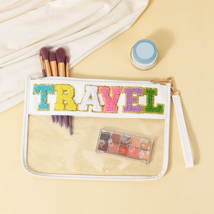 Cross-border Exclusive Explosive Towel Embroidered Letter Transparent PVC Cosmetic Bag PU Portable Storage Bag Sniffer Bag Envelope Bag