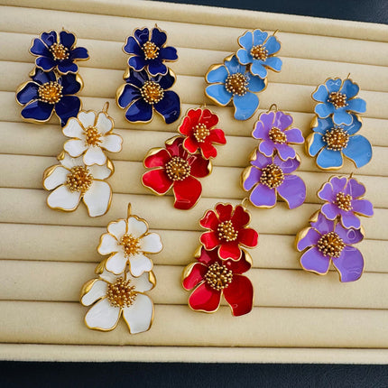 Oscar European and American Mid-Century Style Long Enamel Drip Glaze Flower Earrings for Women High-End Niche Design Ear Hooks