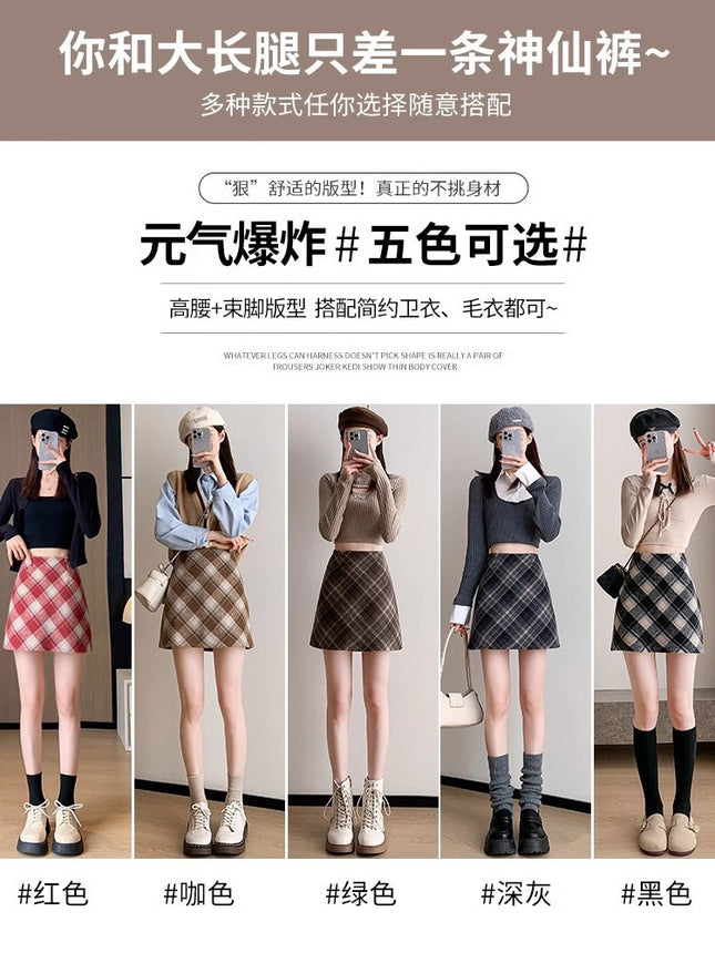 plus size Chubby Women's Woolen Skirt Autumn and Winter Vintage Skirt Women's High Waist A- Line Plaid Hip Skirt Pear-Shaped Figure