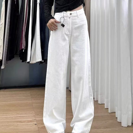 2025 White Wide-Leg Draped Floor-Length Jeans for Women, High-Waisted Slimming Straight Pants, Loose Autumn New Trend