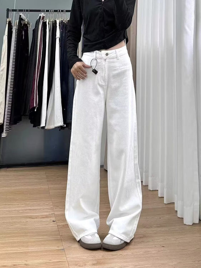 2025 White Wide-Leg Draped Floor-Length Jeans for Women, High-Waisted Slimming Straight Pants, Loose Autumn New Trend