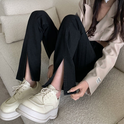 Spring New High Waist Split Jeans Women's Wide Leg Loose Large Size Slimming Straight Dipped Split Floor Trousers