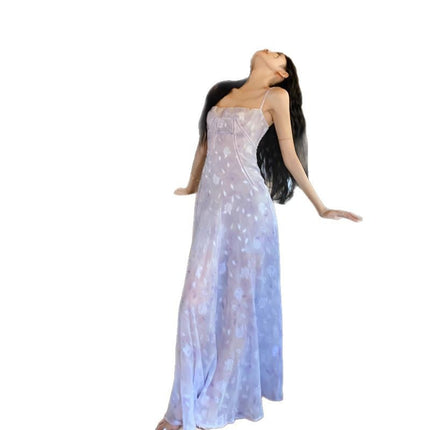 French Purple Floral Suspender Dress for Women in Summer, Chic and Good-Looking, Beach Photo Taking, Vacation Style Beach Mid-Length Skirt