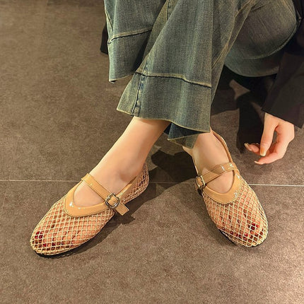 Ballet Shoes Women's Flats Hollow Out Mary Jane Single Shoes Fishnet Shoes 2025 Summer New Sandals Women Mesh Shoes