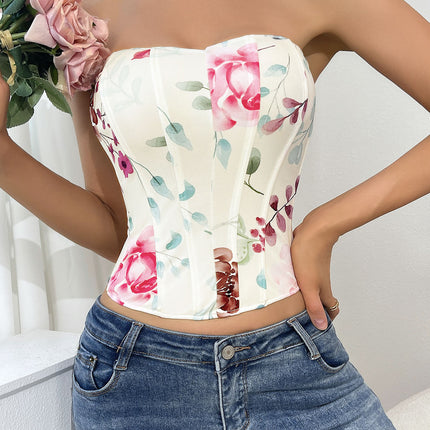 European and American Foreign Trade Cross-border Sexy Low-cut Backless Flower Wrapped Chest Diamond Fishbone Waist Ultra-short Strapless Top