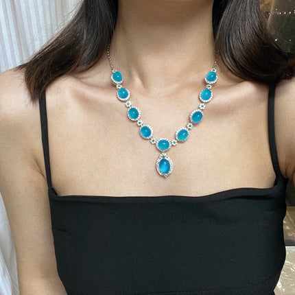 Chinese Style Retro Natural Blue Chalcedony Necklace Evening Chain Ice Chalcedony Necklace Luxury Inlaid Green Chalcedony Four-Piece Set