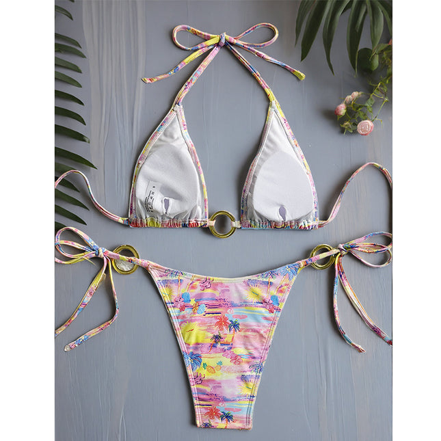 Fresh and Simple Two-Piece Swimsuit for Women, Floral Bikini, New Cross-Border Ruched Gathered Hot Spring Beach Vacation Swimsuit for Women