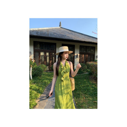 Green French V-Neck Sleeveless Halterneck Floral Dress Women's Summer 2025 New Seaside Vacation Long Dress