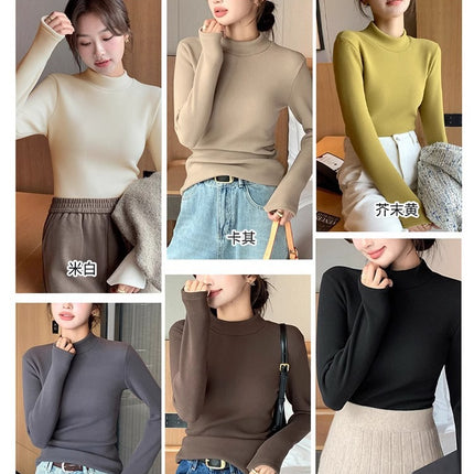 Autumn and Winter Knitted Base Shirt Half-turtleneck fleece-lined Thickened Warm Slim-fit Outer Wearing All-match Inner Top