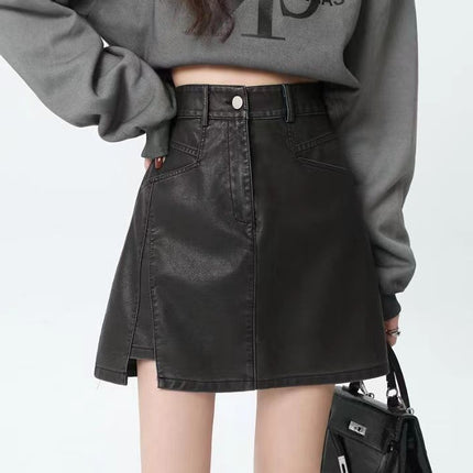 Leather Skirt Short Skirt 2024 New Large Size Design Black Mmpu Small Leather High Waist Pu Skirt
