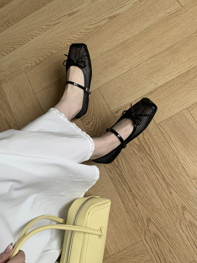 Korean Style One-Line Shallow Mouth Shoes 2025 Summer New Style Bow Breathable Mesh Shoes Square Toe Fisherman Shoes Buckle Women's Shoes