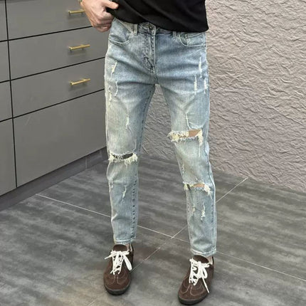 Trendy Ripped Light Blue Skinny Cropped Jeans for Men, Summer New Style, Versatile for Young Students