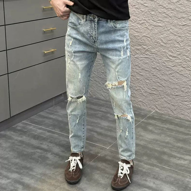 Trendy Ripped Light Blue Skinny Cropped Jeans for Men, Summer New Style, Versatile for Young Students