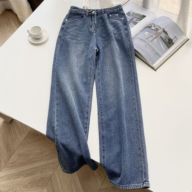 American Retro Blue Straight-Leg Jeans for Women, Spring & Fall Design, Niche High-Waisted Loose Wide-Leg Floor-Length Pants