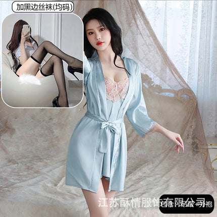 Suqing New Spring and Summer Comfortable Pajamas Backless Sweet Embroidered Lace Sling Nightgown Women's Cardigan Home Clothes suit