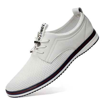 Round toe cowhide + mesh casual shoes sports style casual shoes breathable flat heel mesh shoes men's sports shoes