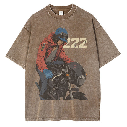 Heavyweight Cotton Washed t Shirt Anime Character Motorcycle