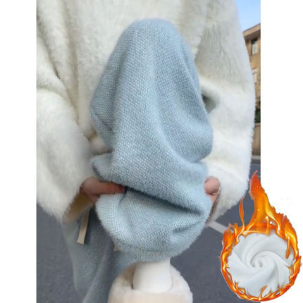 Blue Knitted Wide-Leg Pants for Women, Spring and Autumn 2025 New Style, High-Waisted Casual Straight Narrow Version, Mink Fur Fleece-Lined Glutinous Rice Pants