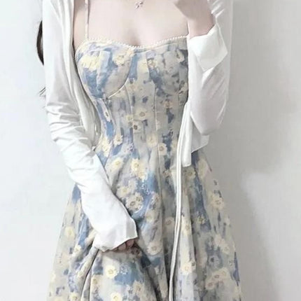 Tea Break French Pure Desire Blue Oil Painting Dress Women's Summer New Fairy Floral Waist Suspender Mid-Length Skirt